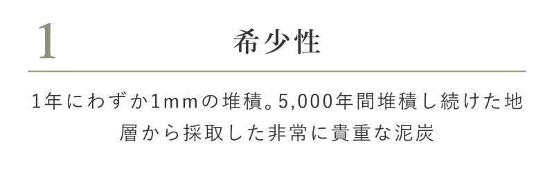 1 希少性 1年にわずか1mmの堆積。5,000年間堆積し続けた地層から採取した非常に貴重な泥炭