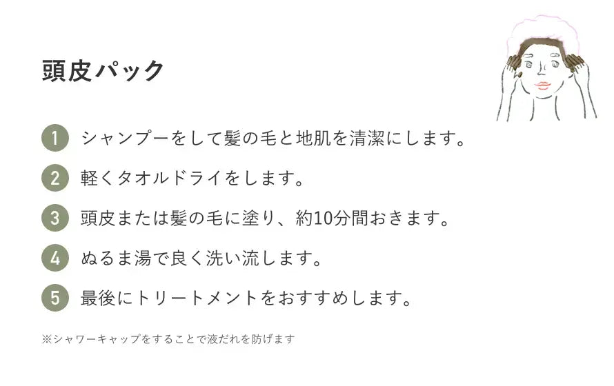 頭皮パック 1.シャンプーをして髪の毛と地肌を清潔にします。 2. 軽くタオルドライをします。  3.頭皮または髪の毛に塗り、約10分間おきます。 4.ぬるま湯で良く洗い流します。 5. 最後にトリートメントをおすすめします。